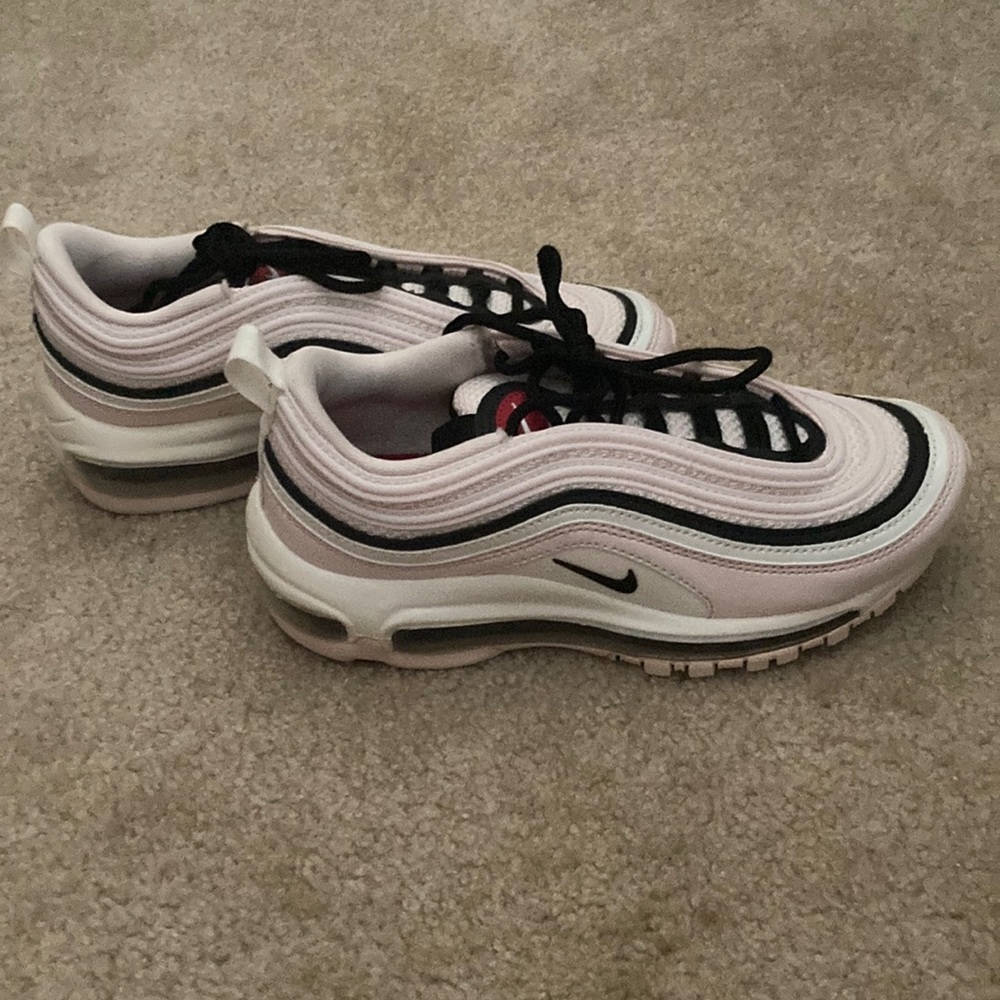 Nike air max 97, pink, white, and black striped. Size 5